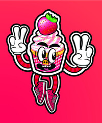 Funny cupcake character with cream topping, cartoon style vector illustration isolated. Cute smiley cupcake character with eyes and legs holding a strawberry