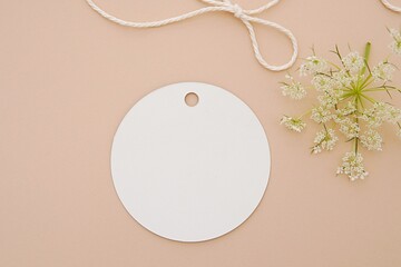 Round empty gift tag mock up, wedding favor, product tag mockup, blank paper label, gift rope,...
