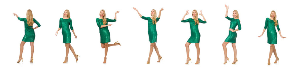 Blond hair girl in sparkling green dress isolated on white