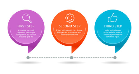 3 steps infographic template in modern style with 3 colorful pins, sample text  and icons (search, work and success) inside - vector presantetion design element
