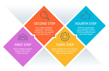 Four steps infographic template - rhombic fragments with icons of team, search, process and success - modern vector presentation