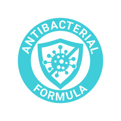Antibacterial formula stamp - shield with crossed bacteries inside - vector isolated sign for antiseptic cosmetics and medical pharmaceutical products