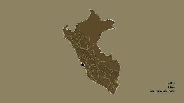 Madre de Dios, region of Peru, with its capital, localized, outlined and zoomed with informative overlays on a administrative map in the Stereographic projection. Animation 3D
