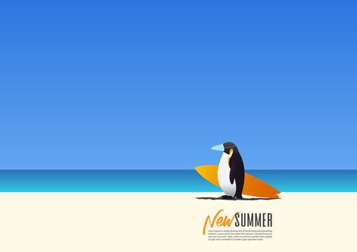 Penguin wearing mask for safety and carrying gift bag walking on beach on new summer vacation. New normal travel after Corona Virus or Covid-19 pandemic.