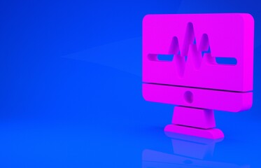 Pink Computer monitor with cardiogram icon isolated on blue background. Monitoring icon. ECG monitor with heart beat hand drawn. Minimalism concept. 3d illustration. 3D render.