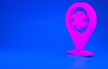 Pink Medical map pointer with cross hospital icon isolated on blue background. Minimalism concept. 3d illustration. 3D render.