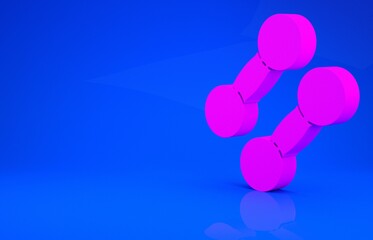 Pink Dumbbell icon isolated on blue background. Muscle lifting icon, fitness barbell, gym, sports equipment, exercise bumbbell. Minimalism concept. 3d illustration. 3D render.