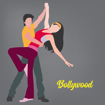 Vector Illustration Of A Bollywood Actor Couple Performing Indian Cinema Style Dance Moves.