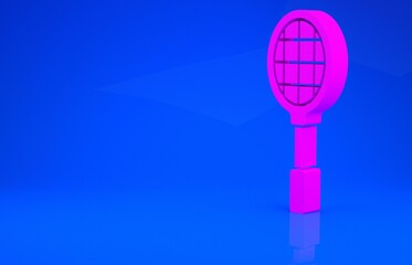 Pink Tennis racket icon isolated on blue background. Sport equipment. Minimalism concept. 3d illustration. 3D render.