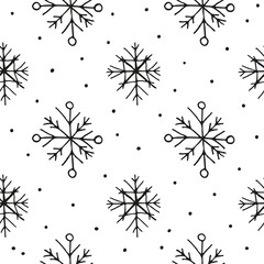Seamless pattern with hand drawn snowflakes, dots.