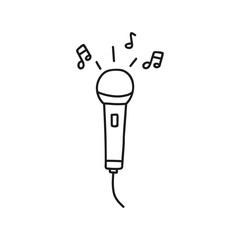 Doodle microphone with musical notes for karaoke. Vector icon in sketch style.