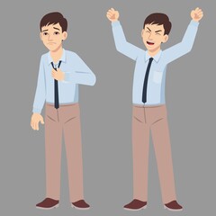 young office man in suit standing poses with 2 difference mood reaction of happy and unhappy
