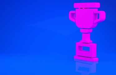 Pink Award cup icon isolated on blue background. Winner trophy symbol. Championship or competition trophy. Sports achievement sign. Minimalism concept. 3d illustration. 3D render.