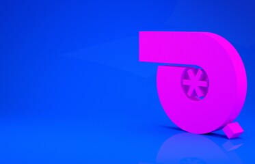 Pink Automotive turbocharger icon isolated on blue background. Vehicle performance turbo. Turbo compressor induction. Minimalism concept. 3d illustration. 3D render.