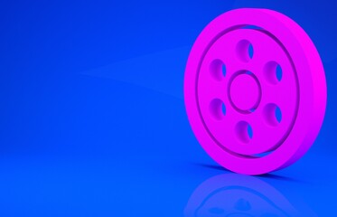 Pink Alloy wheel for a car icon isolated on blue background. Minimalism concept. 3d illustration. 3D render.