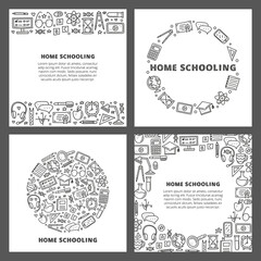 Set of cards with lettering and doodle outline education, e-learning icons including computer, phone, ruler, globe, divider, lamp, headphones, calculator, hourglass, etc isolated on grey background.