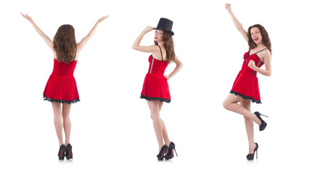 Young female model posing in red mini dress