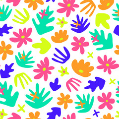 Fototapeta na wymiar White seamless pattern with doodle colorful tropical leaves and flowers. Cute modern design. Perfect for textile, fashion clothing, prints, posters.