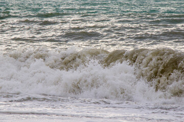 Stormy wheater, waves and splashes in Batumi, Georgia. Stormy Black sea.