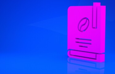 Pink Coffee book icon isolated on blue background. Minimalism concept. 3d illustration. 3D render.