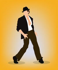 A young man in hat performing bollywood style dance moves. Bollywood style dancing actor.