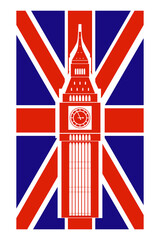 Fototapeta na wymiar Silhouette of the famous Big Ben clock on the background of the British flag isolated on a white background. Union Jack flag. Vector background. Simple design, flat graphics.