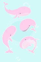Vector illustration with whales, seaweeds and hand written names of whales. Marine animal collection. Underwater set. Ocean poster with cute cartoon characters.