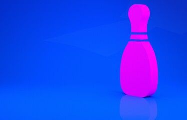 Pink Bowling pin icon isolated on blue background. Minimalism concept. 3d illustration. 3D render.