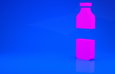 Pink Bottle of water icon isolated on blue background. Soda aqua drink sign. Minimalism concept. 3d illustration. 3D render.