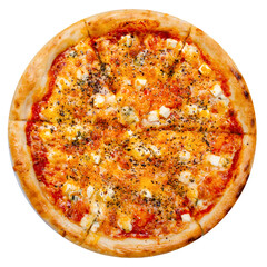 Pizza. View from above. Cropped pizza circle isolated on white background