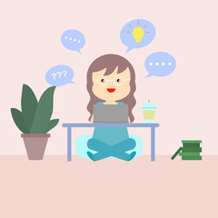 Illustrator vector of women sitting on the floor working on notebook at home, work at home, social distancing
