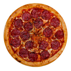 Pizza. View from above. Cropped pizza circle isolated on white background