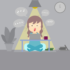 Illustrator vector of women working with notebook in nigh time and feel very sleepy