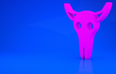 Pink Buffalo skull icon isolated on blue background. Minimalism concept. 3d illustration. 3D render.