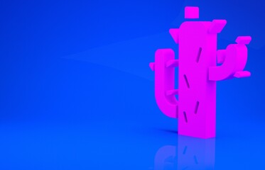 Pink Cactus icon isolated on blue background. Minimalism concept. 3d illustration. 3D render.
