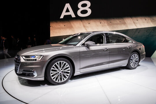 FRANKFURT, GERMANY - SEP 13, 2017: New 2018 Audi A8 L Quattro car showcased at the Frankfurt IAA Motor Show.