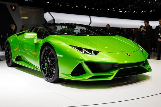 GENEVA, SWITZERLAND - MARCH 5, 2019: New 2019 Lamborghini Huracan Evo Spyder supercar debuts at the 89th Geneva International Motor Show.