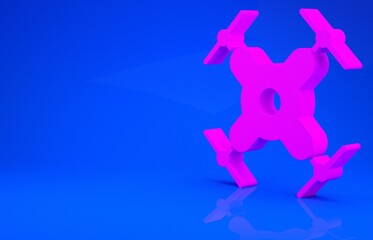 Pink Drone flying icon isolated on blue background. Quadrocopter with video and photo camera symbol. Minimalism concept. 3d illustration. 3D render.