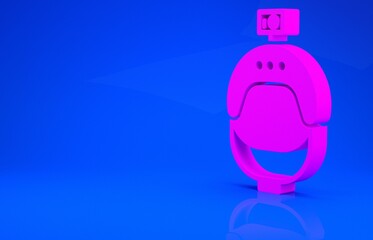 Pink Helmet and action camera icon isolated on blue background. Minimalism concept. 3d illustration. 3D render.