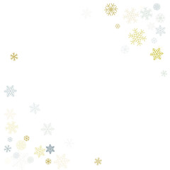 Christmas snowflakes background with place for text. Winter gold and silver snow minimal frame decoration on white, greeting card. New Year Holidays subtle backdrop. Vector illustration 