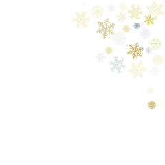 Fototapeta premium Christmas snowflakes background with place for text. Winter gold and silver snow minimal frame decoration on white, greeting card. New Year Holidays subtle backdrop. Vector illustration 