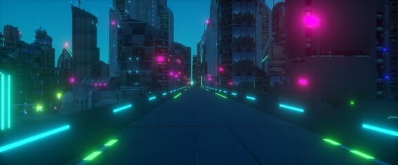 Neon highway in a city of a future. Night scene in a cyberpunk style. Futuristic city. 3D illustration. Industrial urban wallpaper.