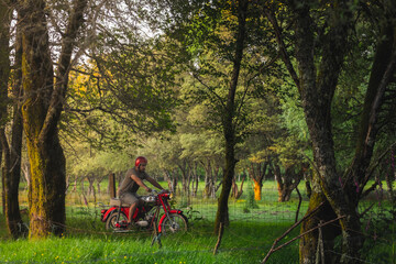 liberdade homem a andar de moto antiga vermelha pelo campo verdejante