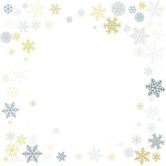 Christmas snowflakes background with place for text. Winter gold and silver snow minimal frame decoration on white, greeting card. New Year Holidays subtle backdrop. Vector illustration 