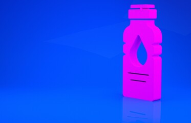 Pink Bottle of water icon isolated on blue background. Soda aqua drink sign. Minimalism concept. 3d illustration. 3D render.