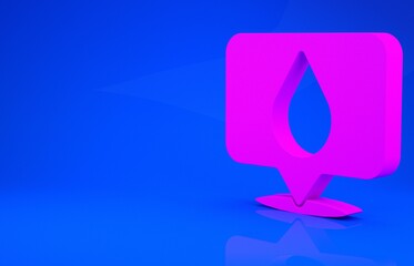 Fototapeta premium Pink Water drop with location icon isolated on blue background. Minimalism concept. 3d illustration. 3D render.