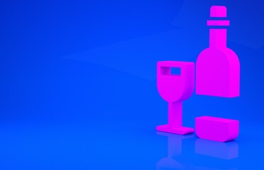 Pink Wine bottle with glass icon isolated on blue background. Minimalism concept. 3d illustration. 3D render.