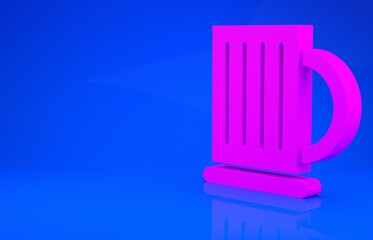 Pink Wooden beer mug icon isolated on blue background. Minimalism concept. 3d illustration. 3D render.