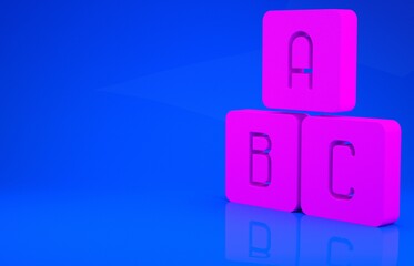 Pink ABC blocks icon isolated on blue background. Alphabet cubes with letters A,B,C. Minimalism concept. 3d illustration. 3D render.