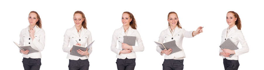 Red hair girl holding paper isolated on white